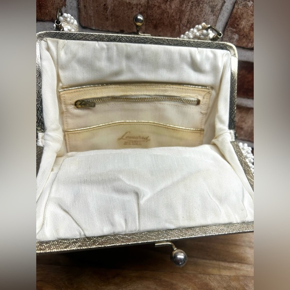 Vintage Lumured  1950s Ivory Beaded Leather Top Handle Handbag Purse - Picture 5 of 10